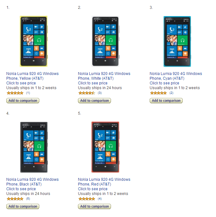 All 5 Lumia 920 Colors Now Available on Amazon Wireless (At&t locked)