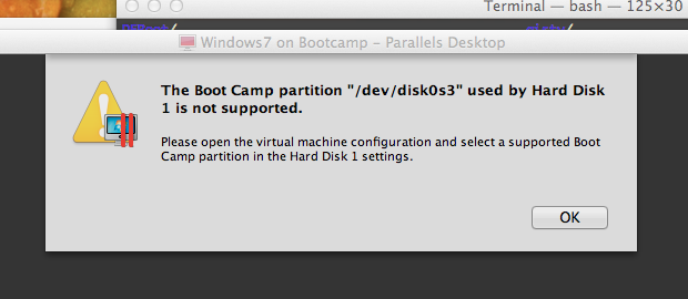 The Boot Camp partition /dev/disk0s3 used by Hard Disk 1 is not supported. Please open the virtual machine configuration and select a supported Boot Camp partition in the Hard Disk 1 settings.