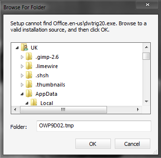 microsoft office 2010 installation error browse for folder