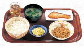 Sukiya's Beef Dish and Salmon with rice and pork soup