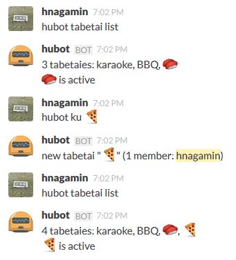 hubot ku :pizza: (when :pizza: is a new tabetai)