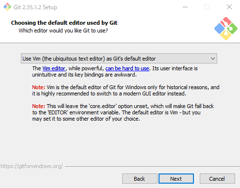GitのWindowsインストーラー(Gitで使用するデフォルトエディタ)
