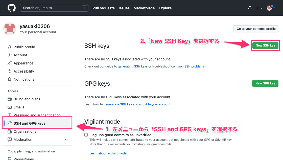SSH接続するために「New SSH key」からキー登録画面を表示